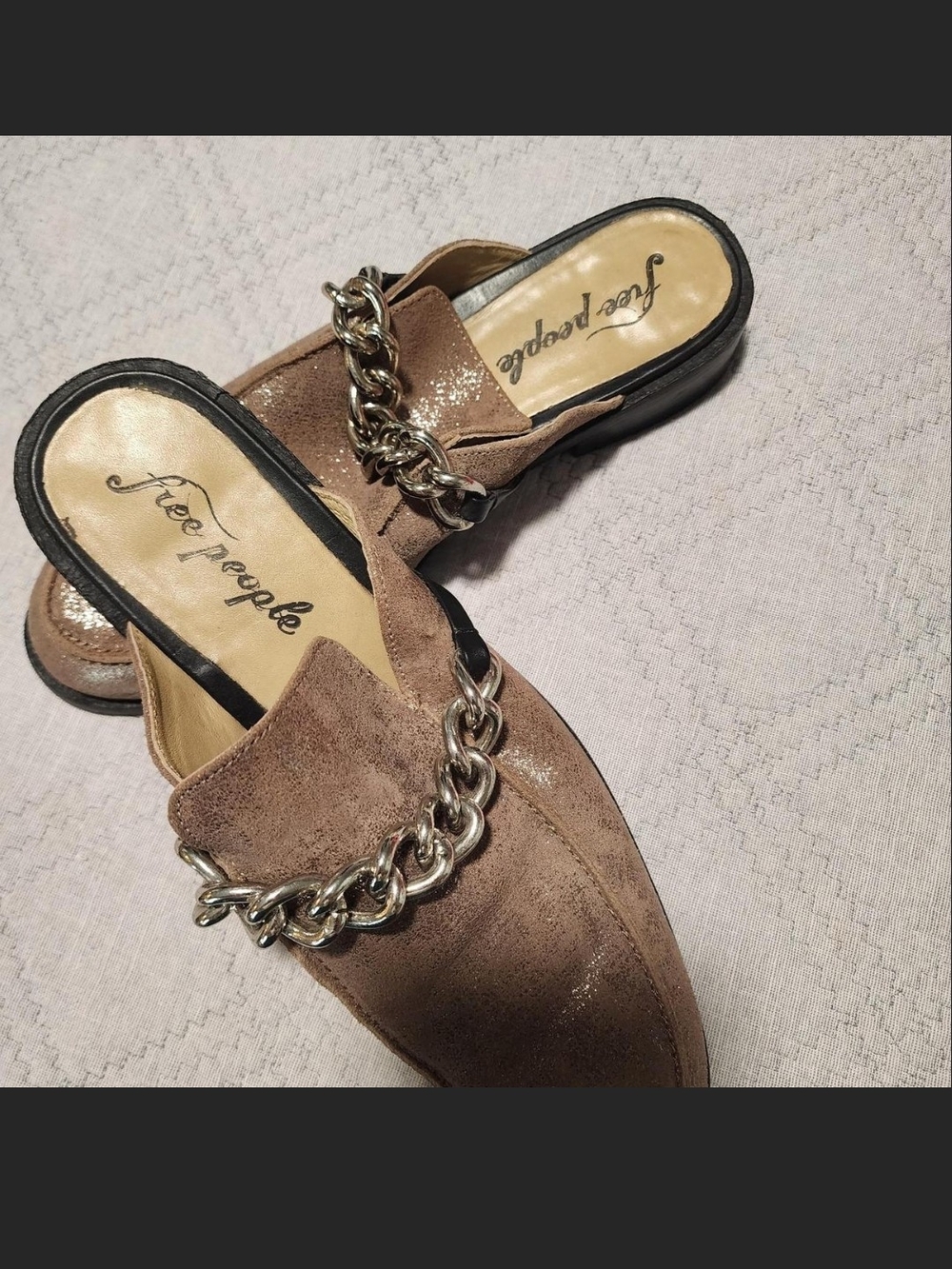 Free People Taupe Suede Slip-On Mules with Silver Chain